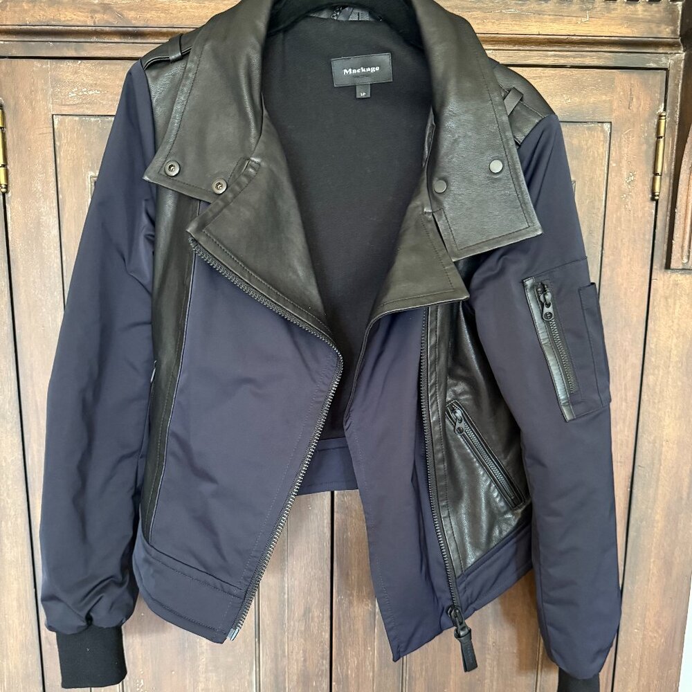 Mackage Bomber Jacket Dark Blue with Black Leather Accents - Size Small